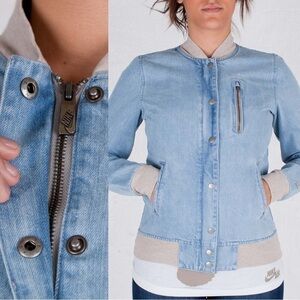 Nike Denim Destroyer Bomber Zip Up Retro Jean Jacket Coat Light Wash